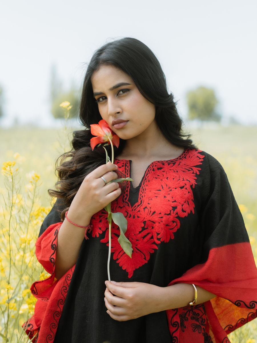 Midnight Noir Cotton Kaftan with Scarlet Flame Aari Embroidery - KaarKash